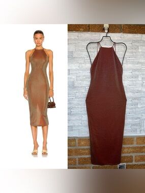 ALIX NYC Iridescent Copper Shimmer Halter Maxi Dress M Retro Futuristic Clubwear